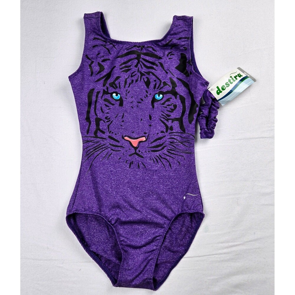 NWT Destira Purple Dharma Tiger Gymnastics Leotard AJR Adult Junior Scrunchie